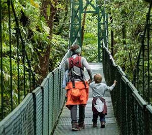 Zwei Menschen laufen über eine Hängebrücke im Monteverde Nebelwald