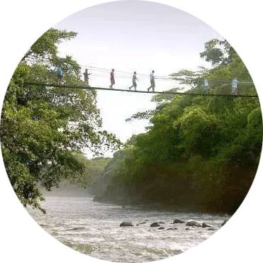 Sechs Menschen laufen über eine Hängebrücke über dem Rio Sarapiqui.