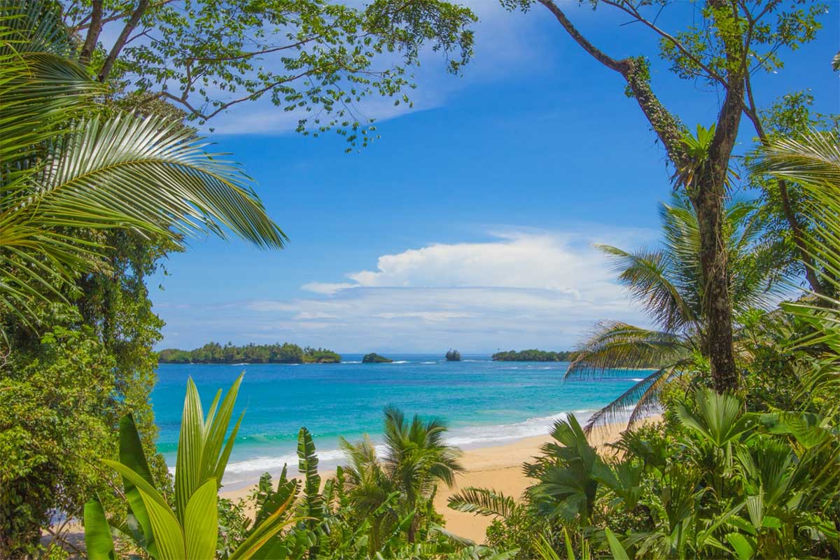 Karibischer Strand auf den Bocas del Toro mit türkisblauem Wasser